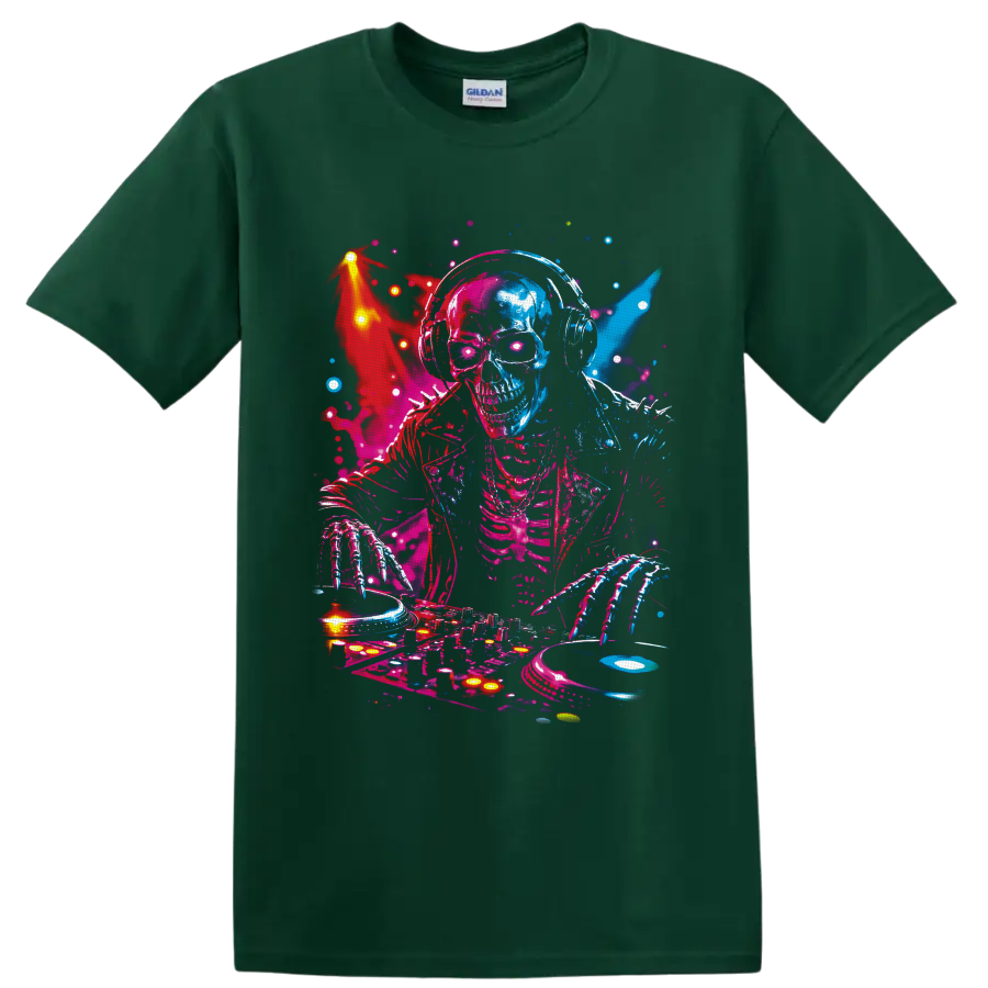 Neon skeleton DJ in headphones mixing turntables and vinyl in a vivid rave art style on a Forest Green T Shirt