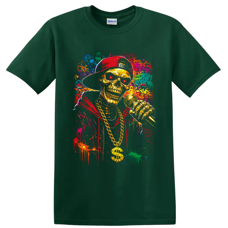 Gold skeleton rapper with microphone, chain, red cap, and colorful graffiti splatter art on a Forest Green T Shirt
