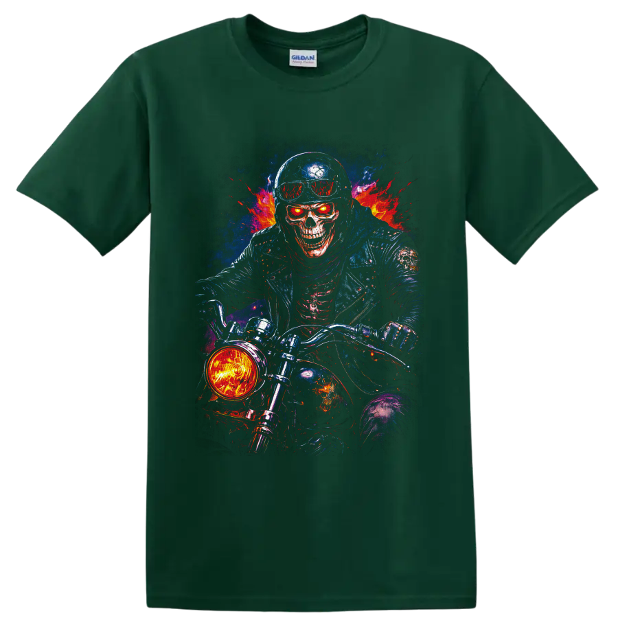 Fiery skull biker on a motorcycle with flames in vivid gothic horror art on a Forest Green T Shirt