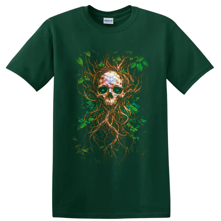 Gothic tree skull illustration with twisting roots, branches, and green leaves on a Forest Green T Shirt