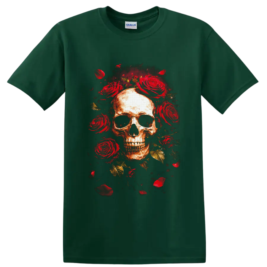 Weathered skull surrounded by red roses, petals, and gold leaves in gothic horror art on a Forest Green T Shirt