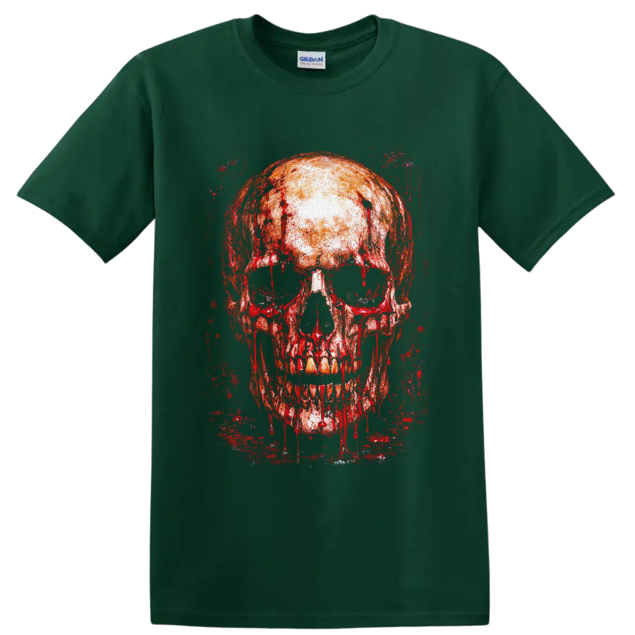 Bloody dripping skull in distressed red gothic grunge paint on a Forest Green T Shirt