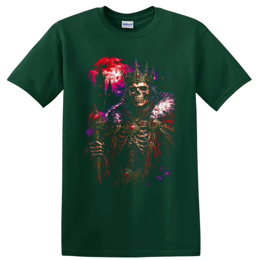 Crowned skeleton king with jeweled armor, crimson moon, and gothic castle spires on a Forest Green T Shirt