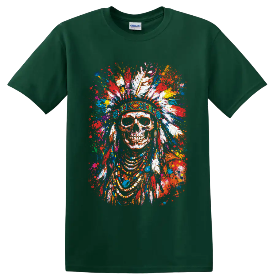 Color-splash skull portrait with patterned feather headdress, beads, and paint splatters on a Forest Green T Shirt