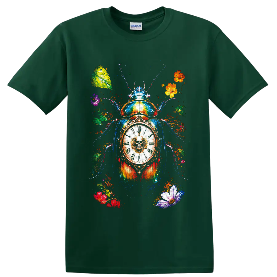 Colorful scarab beetle with skull clock, Roman numerals, flowers, and leaves on a Forest Green T Shirt