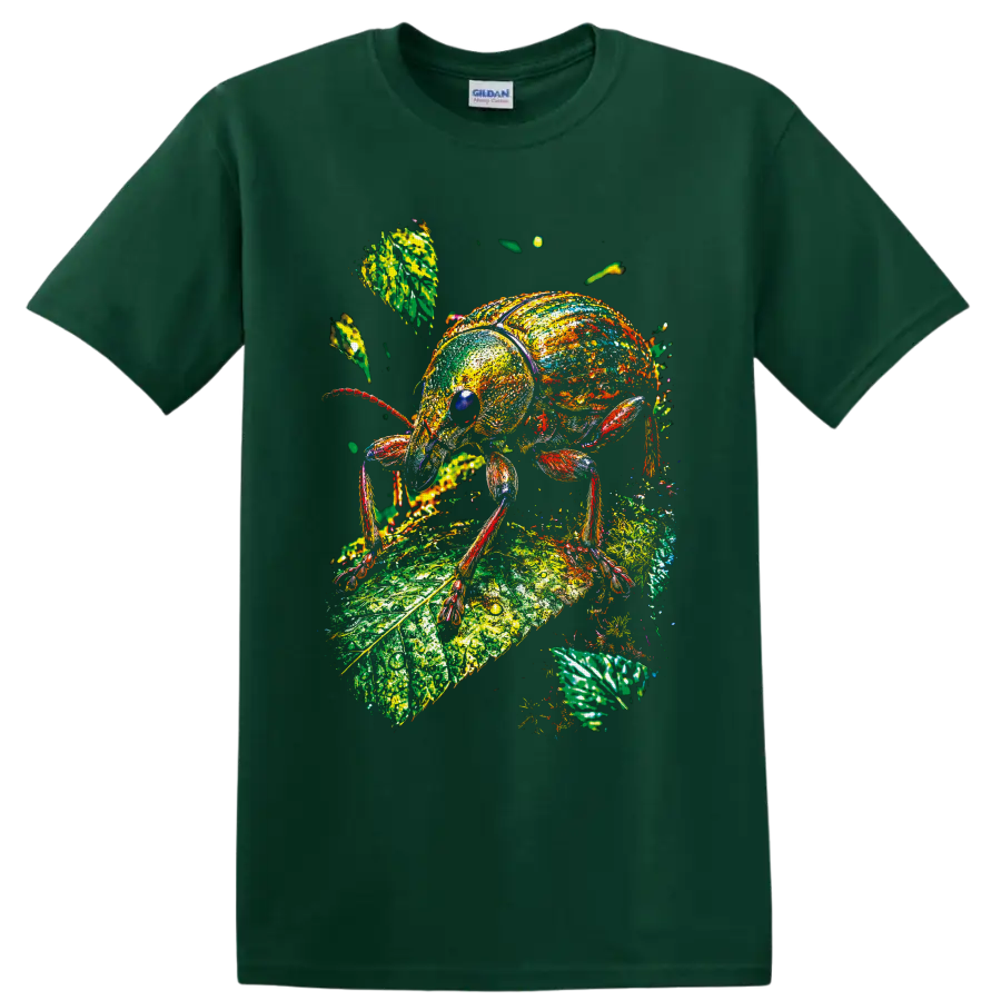 Colorful painterly weevil beetle standing on a textured green botanical leaf on a Forest Green T Shirt