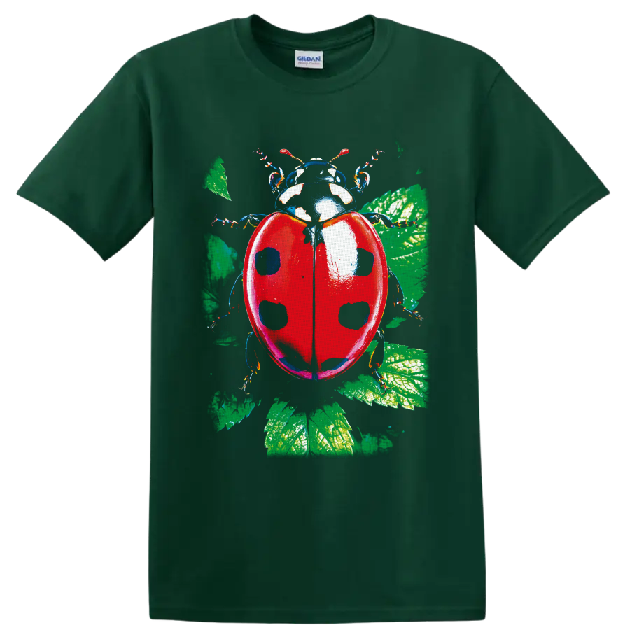 Detailed red ladybug with black spots and green botanical leaves illustration on a Forest Green T Shirt