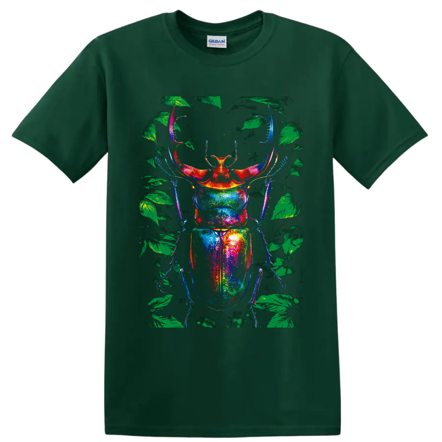 Rainbow stag beetle illustration with green forest leaves in neon-style colors on a Forest Green T Shirt