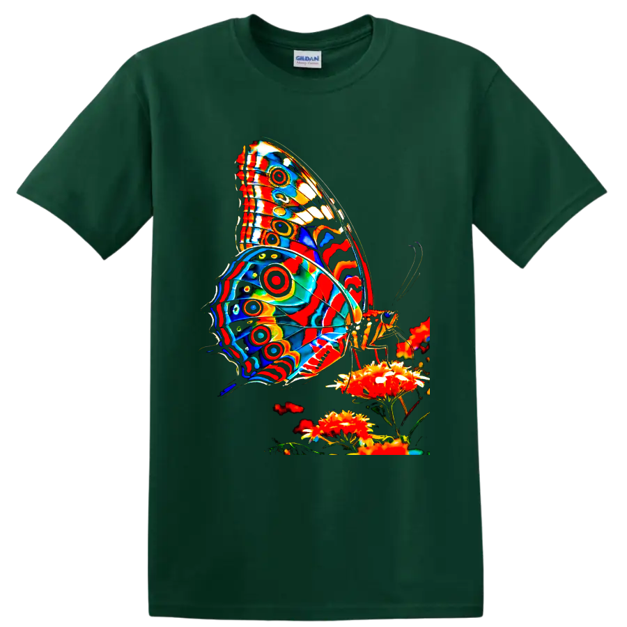 Psychedelic butterfly with vivid patterned wings perched on bright garden flowers on a Forest Green T Shirt