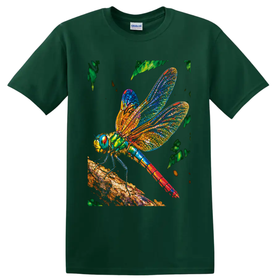 Colorful stained-glass-style dragonfly perched on a textured branch with leafy foliage on a Forest Green T Shirt