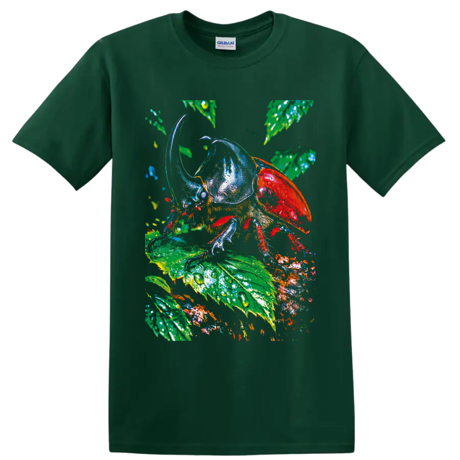 Colorful rhinoceros beetle illustration on glossy tropical rainforest leaves on a Forest Green T Shirt