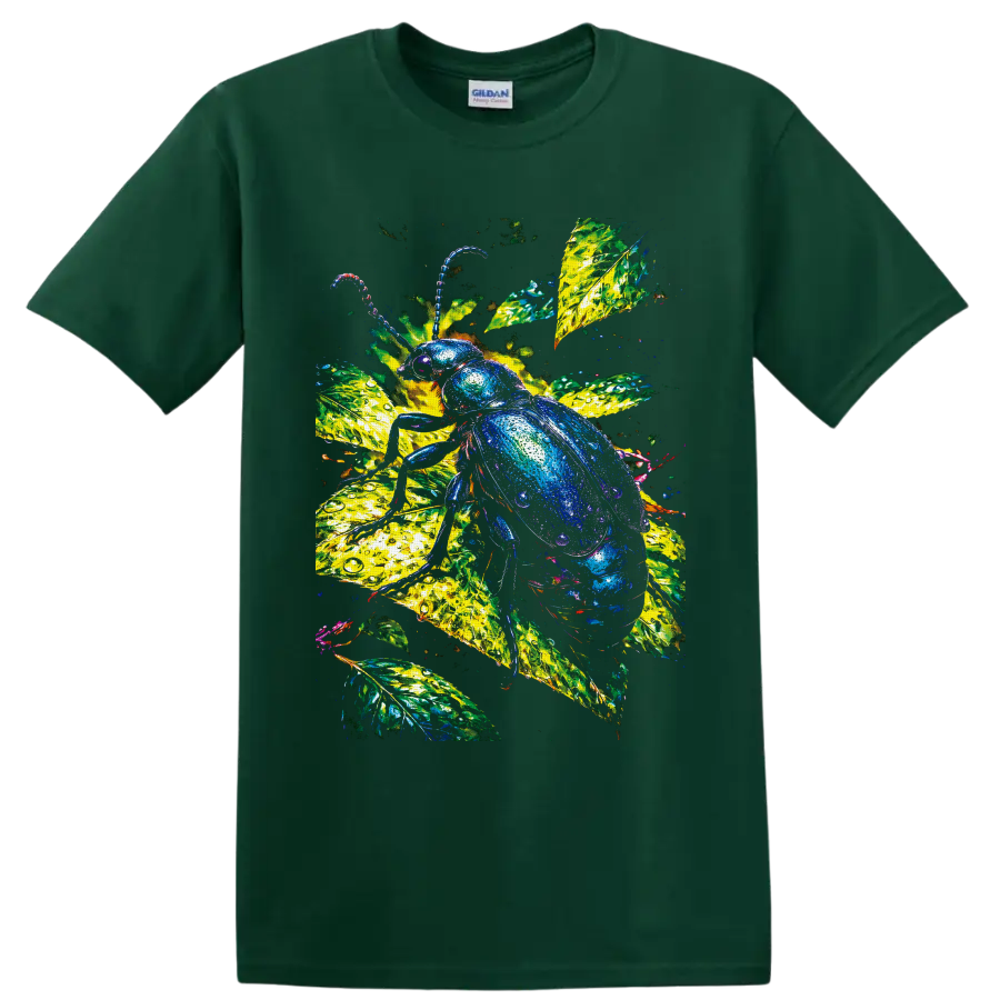 Jewel-toned beetle on luminous tropical leaves with water-droplet texture on a Forest Green T Shirt