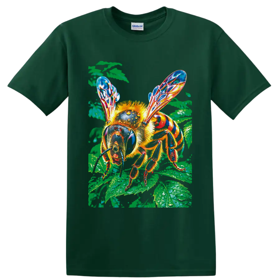 Colorful honey bee with translucent wings on glossy green garden leaves on a Forest Green T Shirt