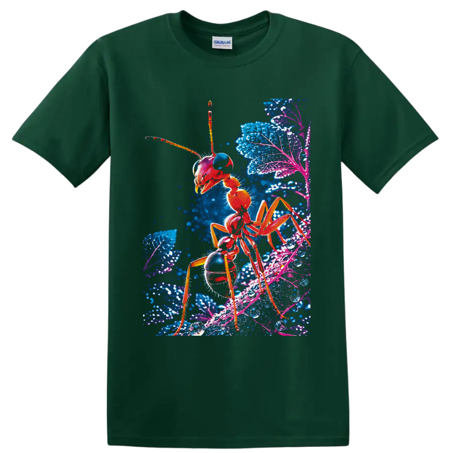 Neon red ant macro illustration on glowing blue and purple leaves with water droplets on a Forest Green T Shirt