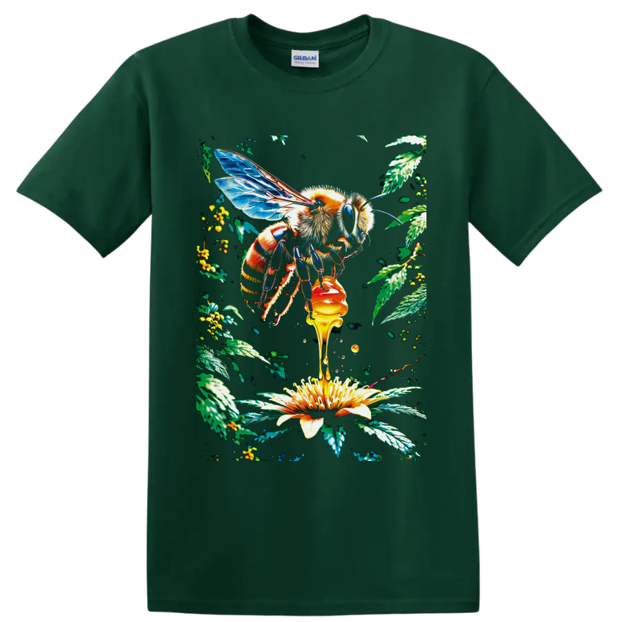Detailed Honey Bee with blue wings, dripping honey, yellow flower, and botanical leaves on a Forest Green T Shirt