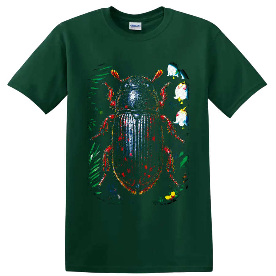 Distressed colorful beetle with tropical leaves and pale blossoms on a Forest Green T Shirt