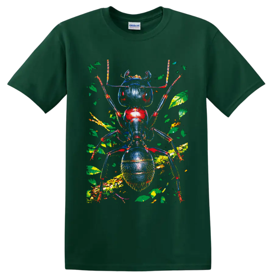 Colorful macro ant portrait with blue and red body, leafy forest branches and antennae on a Forest Green T Shirt