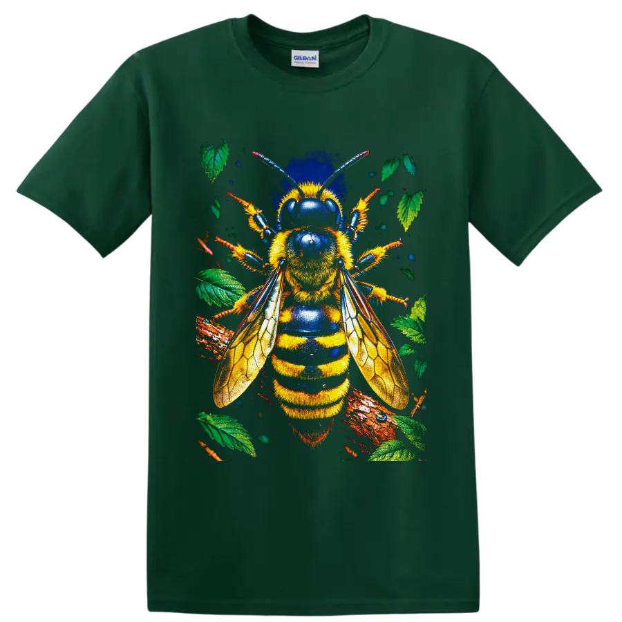 Detailed bumblebee with golden wings, blue accents, leaves, and branches on a Forest Green T Shirt