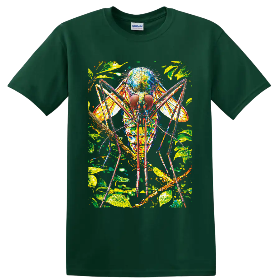 Colorful close-up mosquito illustration with tropical leaves, wings, and branches on a Forest Green T Shirt