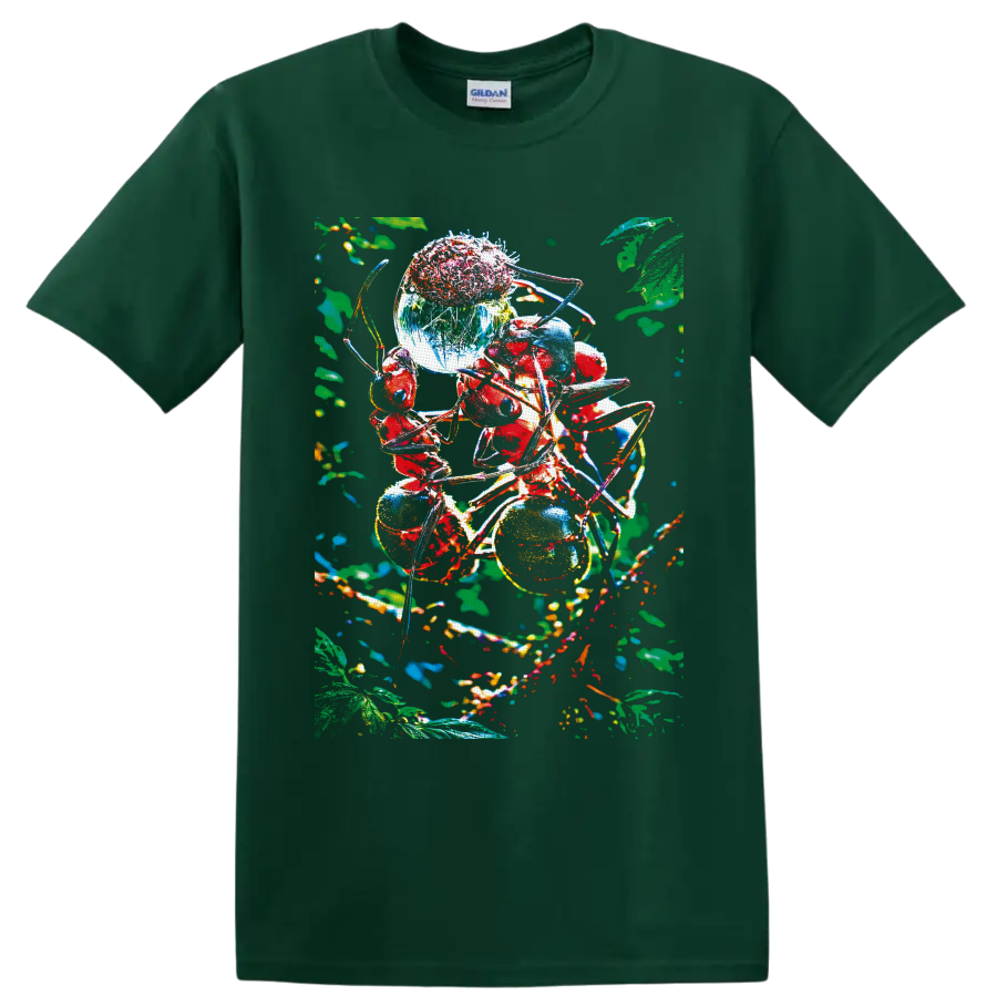 Colorful red ants among berries and leaves in surreal macro forest art on a Forest Green T Shirt