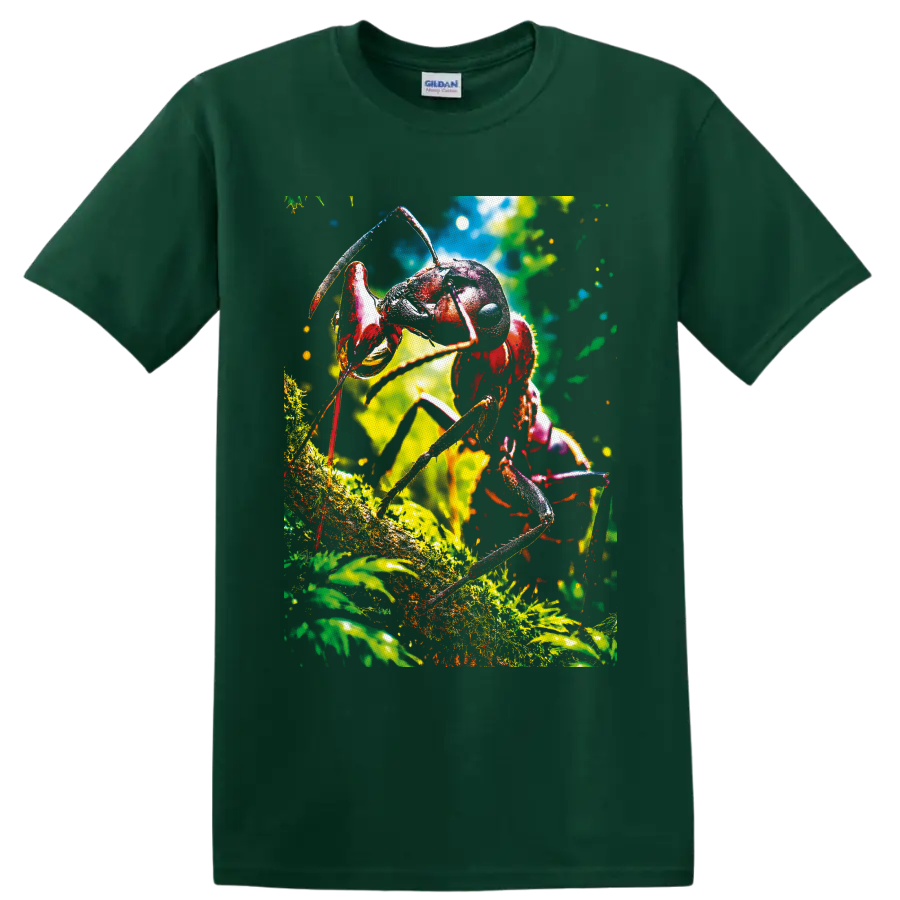 Colorful macro ant climbing on a mossy branch in a sunlit forest on a Forest Green T Shirt