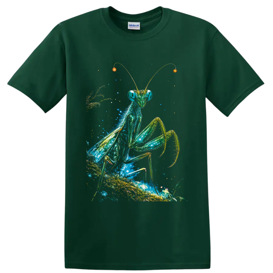 Cosmic praying mantis illustration with stars, glowing plants, mushrooms, and golden on a Forest Green T Shirt