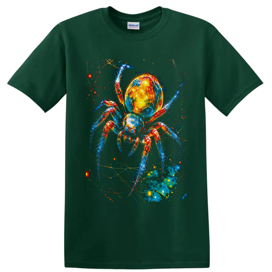 Neon cosmic spider with glowing galaxy abdomen, colorful legs, and web-like sparks on a Forest Green T Shirt