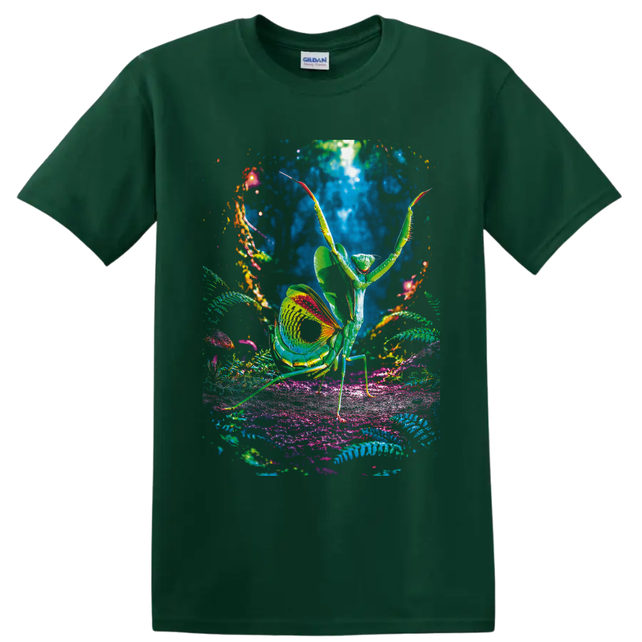 Psychedelic praying mantis amid glowing ferns, mushrooms, and colorful forest plants on a Forest Green T Shirt