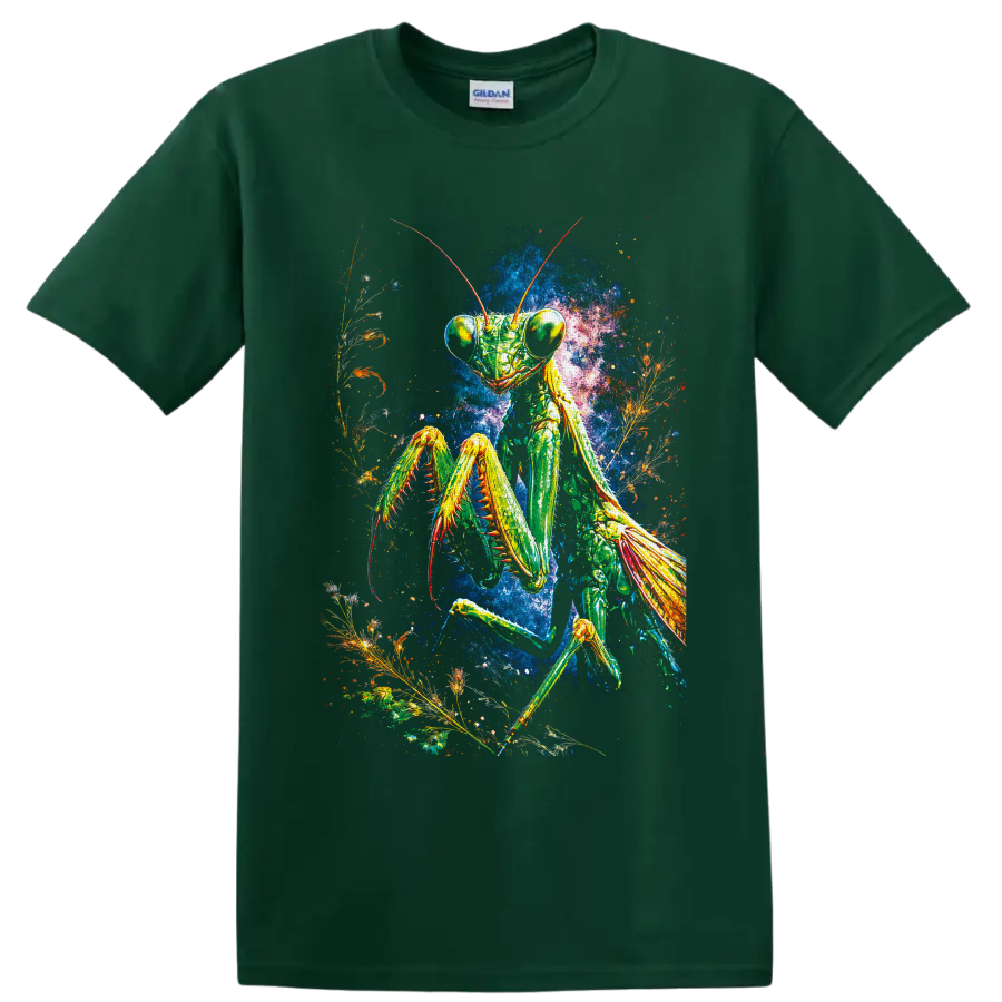 Psychedelic praying mantis with botanical fronds and a vivid cosmic background on a Forest Green T Shirt