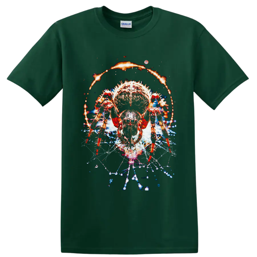 Tarantula with fiery halo, glowing web strands, and cosmic dark fantasy effects on a Forest Green T Shirt