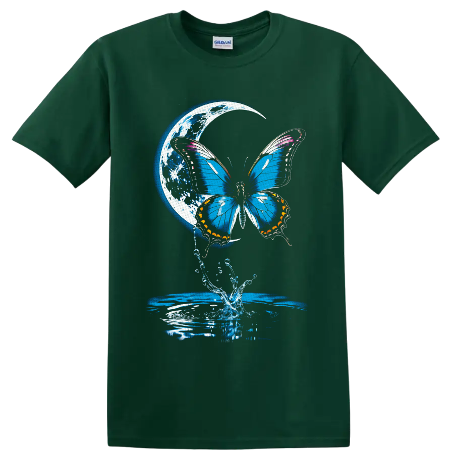 Blue butterfly with crescent moon, water splash, and rippling fantasy nature art on a Forest Green T Shirt