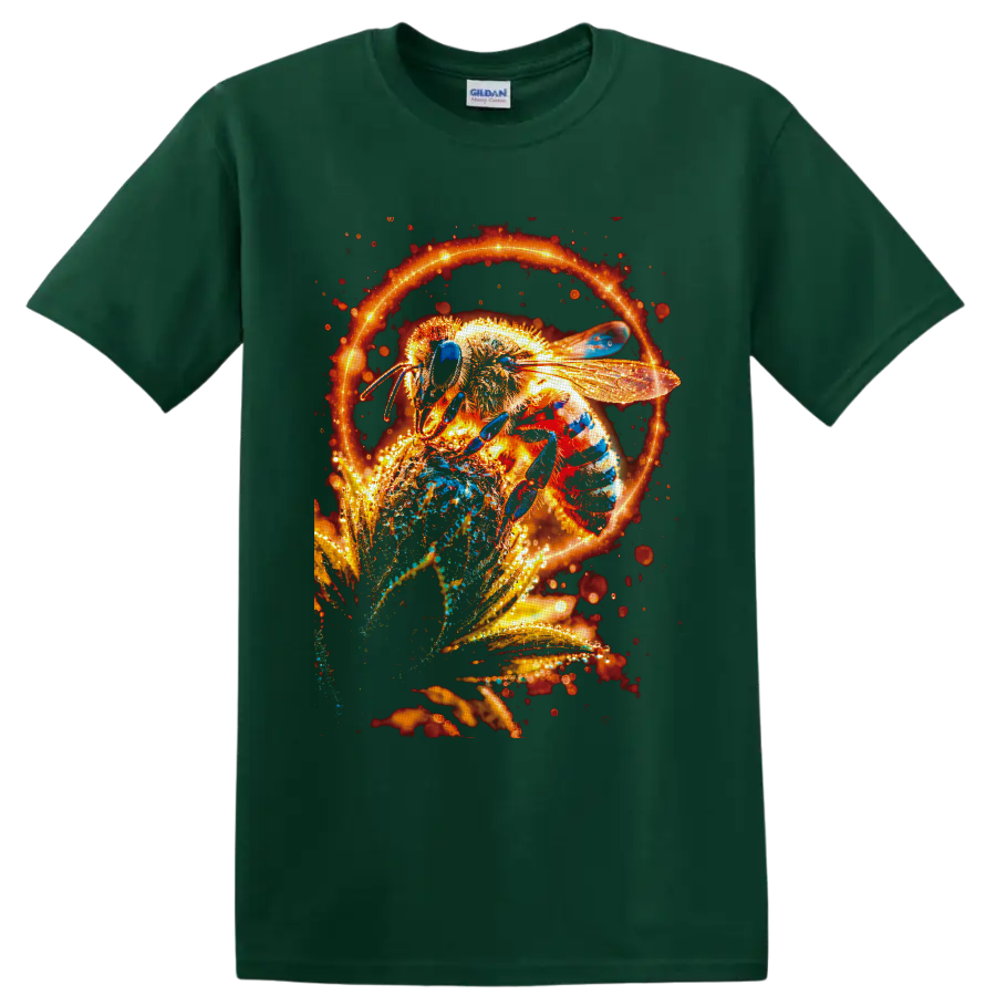 Glowing honey bee on a flower with fiery orange light ring and sparkling botanical art on a Forest Green T Shirt