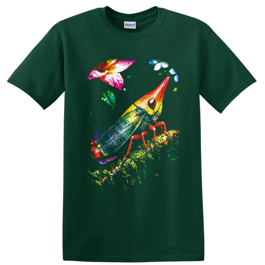 Colorful grasshopper with blue wings on a leafy branch among tropical flowers on a Forest Green T Shirt