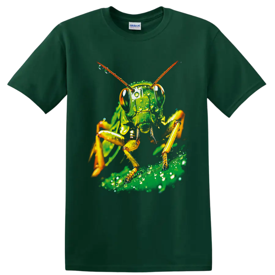 Dew-covered grasshopper macro art with orange antennae on a green leaf on a Forest Green T Shirt