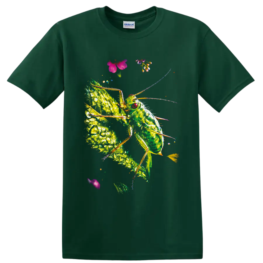 Detailed green katydid on a dew-covered leaf with small pink and purple flowers on a Forest Green T Shirt