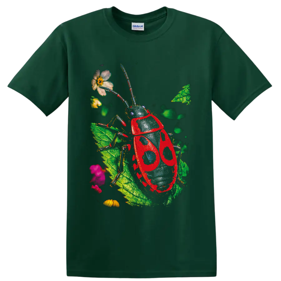Red spotted beetle illustration with leaves, flowers, and long antennae on a Forest Green T Shirt