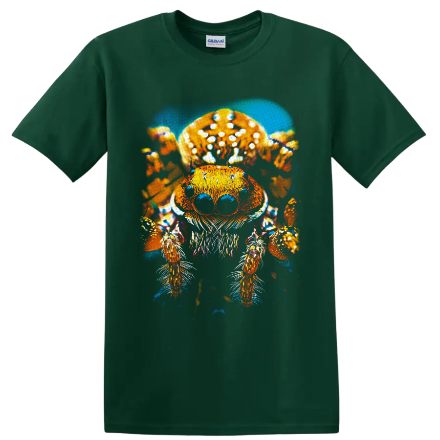Jumping spider beneath spotted mushrooms in vivid psychedelic forest illustration on a Forest Green T Shirt