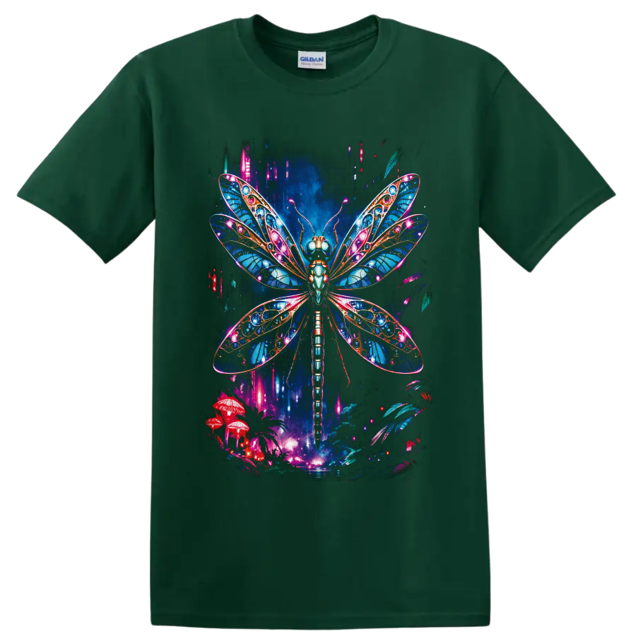 Neon fantasy dragonfly with jeweled blue wings over glowing mushrooms and woodland on a Forest Green T Shirt