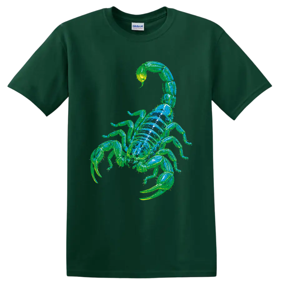 Neon green and blue scorpion arachnid graphic with curled tail and pincers on a Forest Green T Shirt