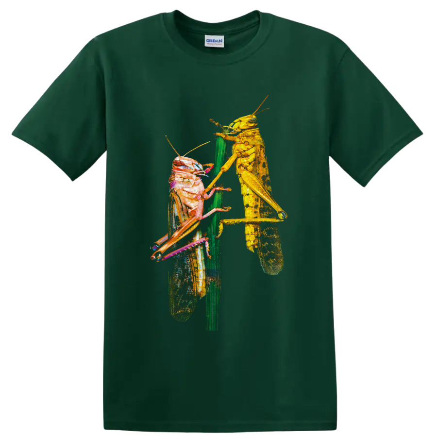 Colorful macro artwork of two grasshoppers facing each other on a green plant stem on a Forest Green T Shirt