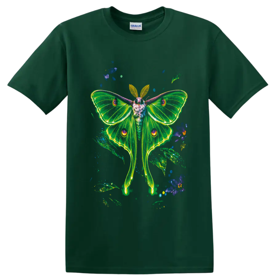 Neon green luna moth with glowing wings, blue flowers, and leafy botanical accents on a Forest Green T Shirt