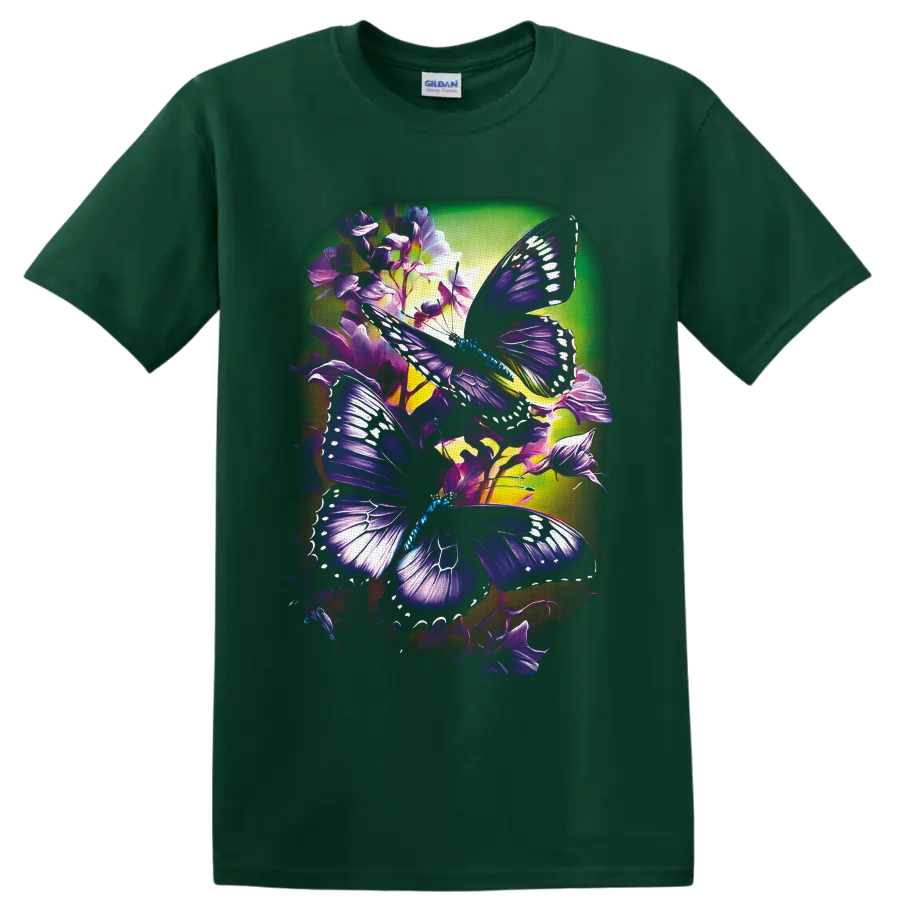 Purple butterflies with white wing markings among violet flowers in luminous garden art on a Forest Green T Shirt