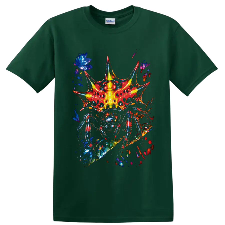 Psychedelic neon fantasy insect with red wings, blue legs, and glowing yellow body on a Forest Green T Shirt