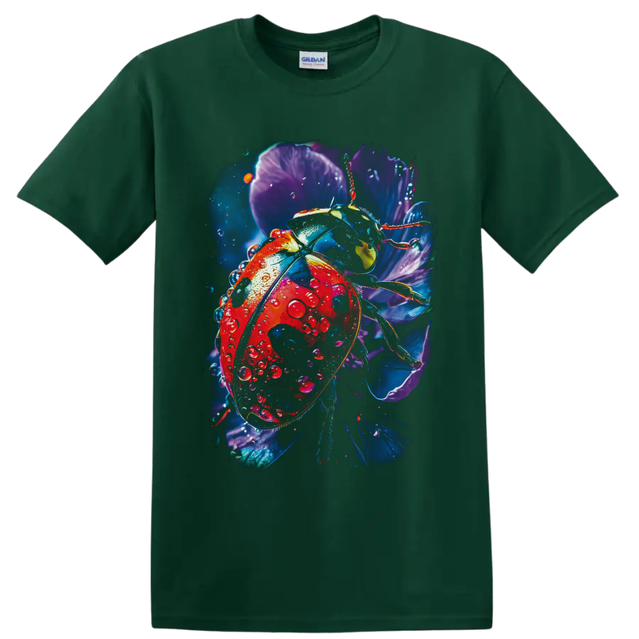 Detailed red ladybug with water droplets among glowing purple and blue flowers on a Forest Green T Shirt