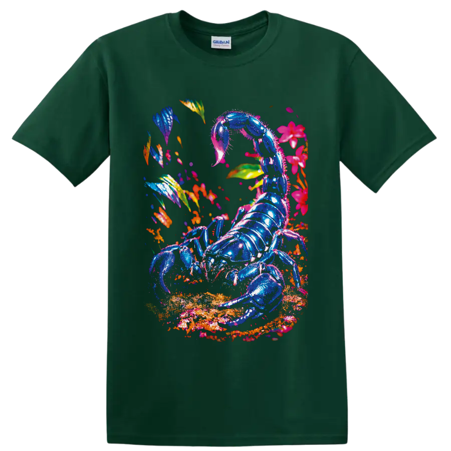 Neon blue scorpion with tropical flowers and leaves in vivid surreal botanical art on a Forest Green T Shirt