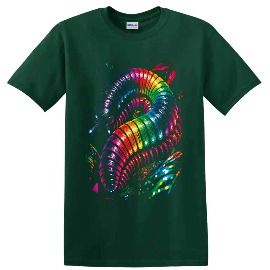 Psychedelic rainbow millipede with glossy segments, many legs, and paint splatters on a Forest Green T Shirt