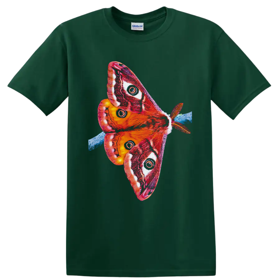 Colorful Cecropia moth illustration with red orange wings, eyespots, and blue branch on a Forest Green T Shirt