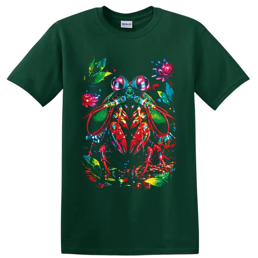 Colorful watercolor crayfish with tropical leaves, flowers, and paint splashes on a Forest Green T Shirt