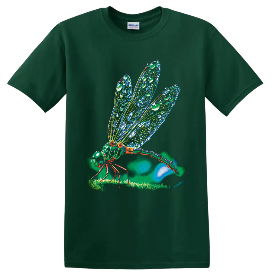 Colorful detailed cicada illustration with patterned wings, grass, and glowing nature on a Forest Green T Shirt