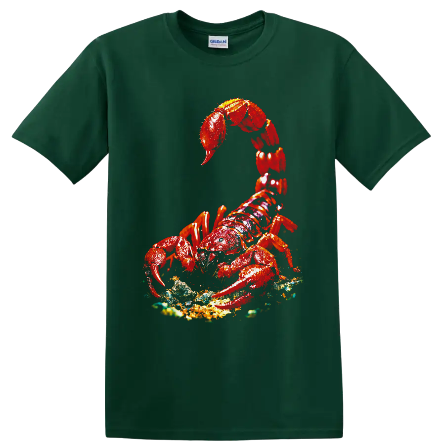 Vivid red lobster with raised claws on a textured ocean-floor graphic on a Forest Green T Shirt